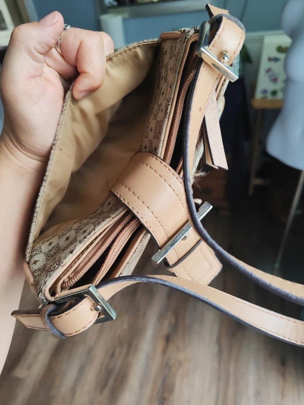 Beige Canvas Shoulder Bag with Buckle Detail